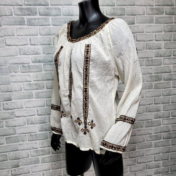 Joie Womens L Off White Gauzy Cotton Embroidered Boho Flowy‎ Top Long Sleeve - Picture 4 of 8